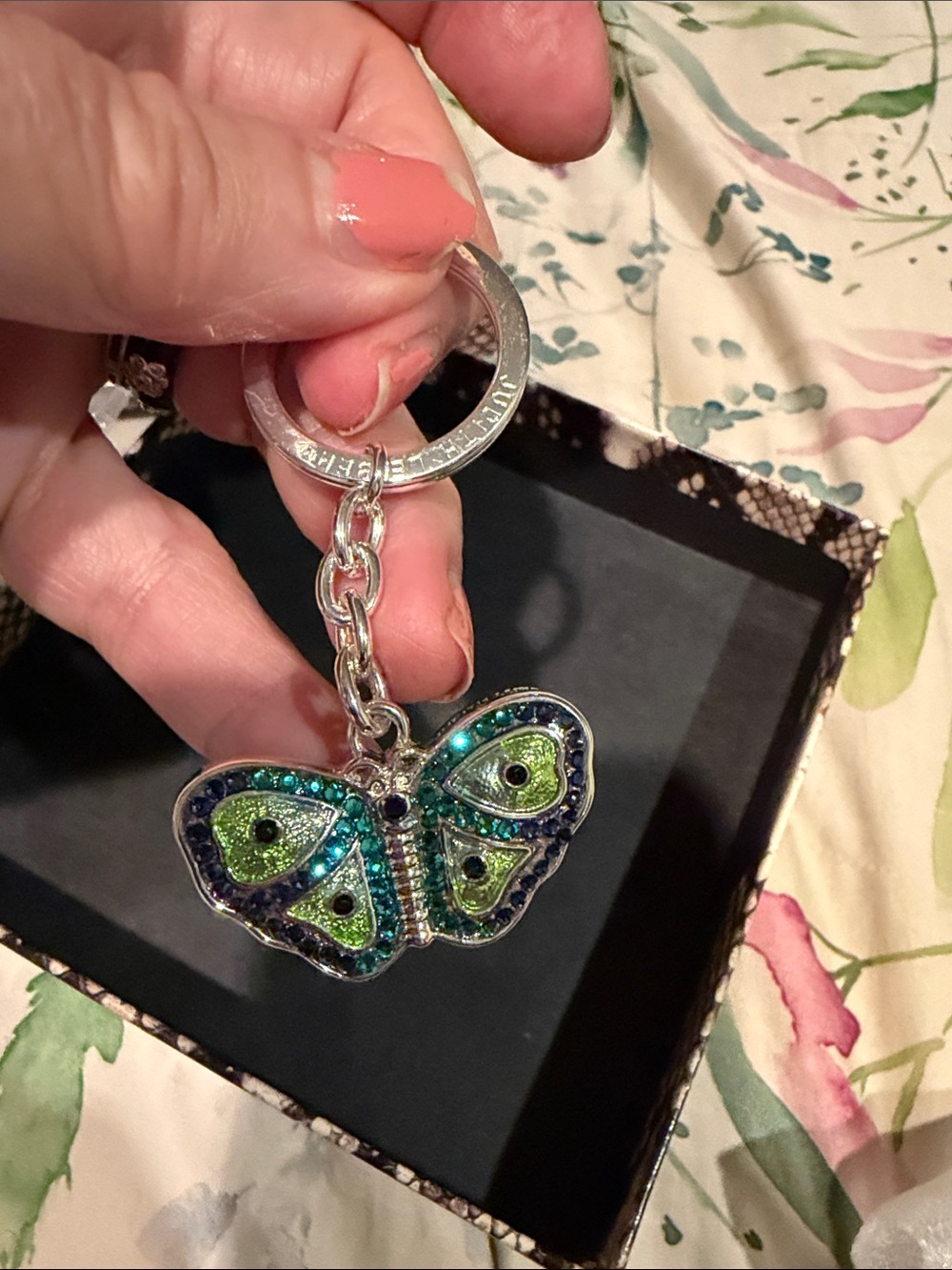 Judith Leiber Blue and Green Crystal Butterfly Keyring